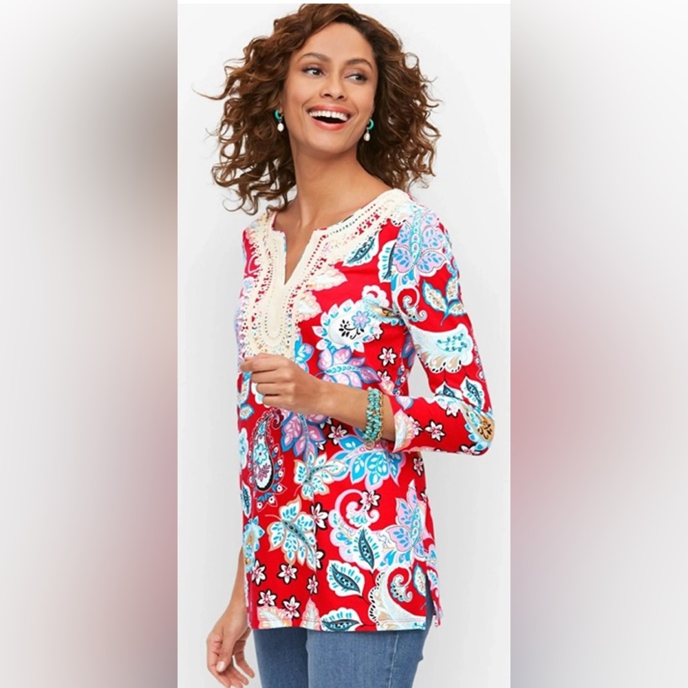Talbots Women's Pima Cotton Blend Paisley Floral Crochet Tunic
